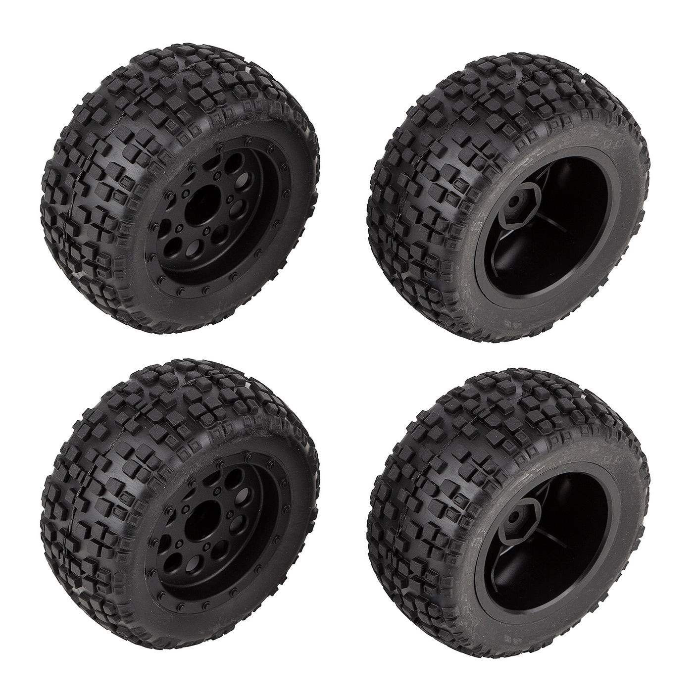 Team Associated Reflex 14MT RC car tires and wheels set, showing black rubber tires and silver alloy wheels for remote control racing.