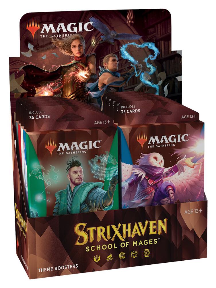 MTG Strixhaven School of Mages Theme Booster Box by Wizards of the Coast with colorful booster packs and game artwork.