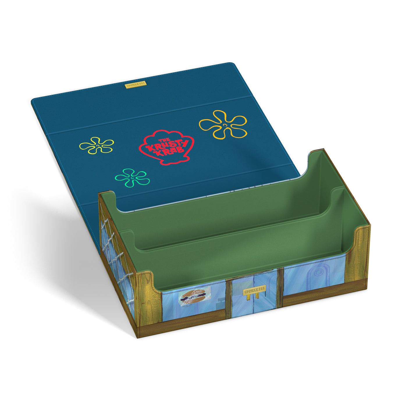 Squaroes Boulder 100+ Krusty Krab collector's card case, featuring vibrant cartoon-themed design with durable card storage.