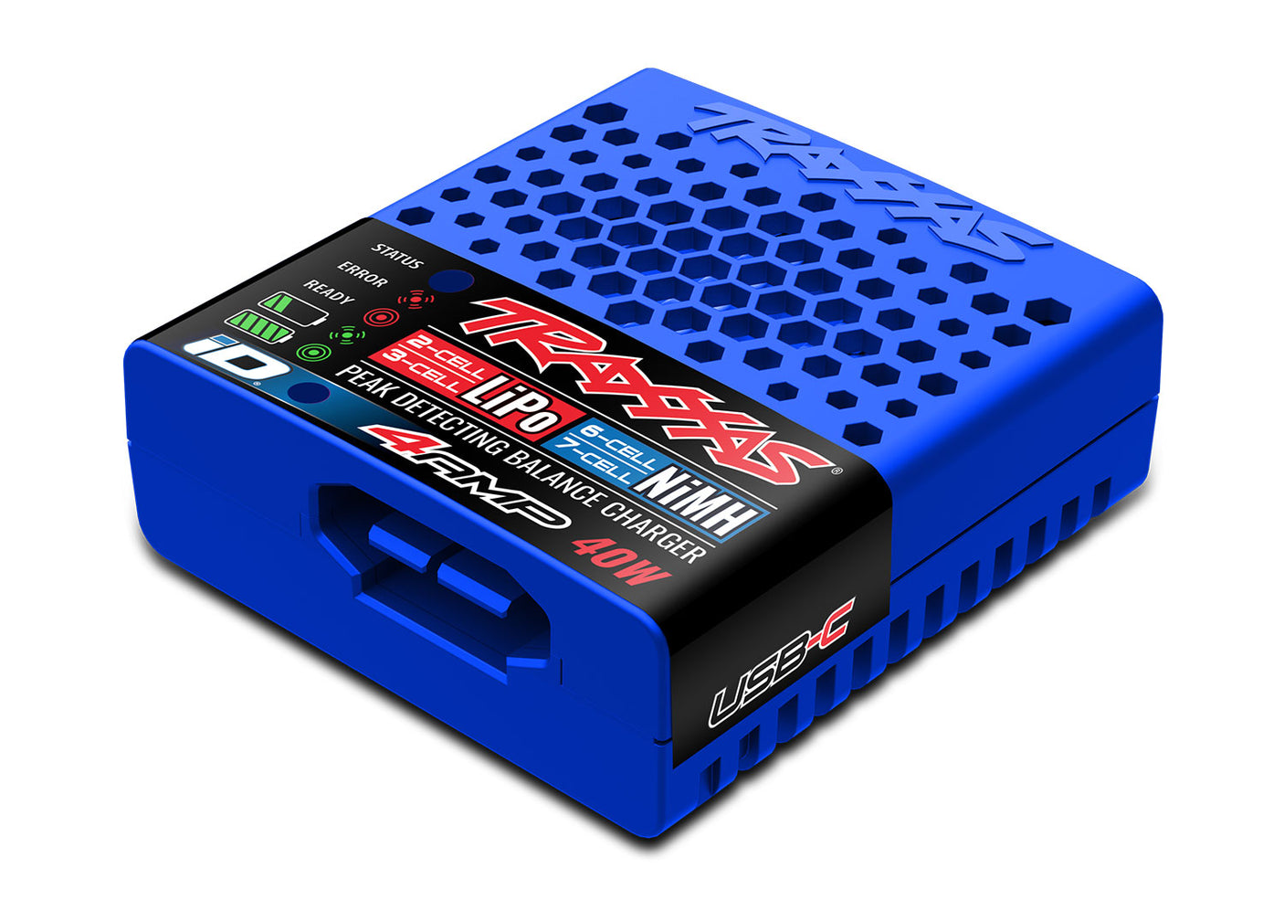 Traxxas EZ-Peak 40-Watt USB-C multi-chemistry charger with display and charging ports for RC batteries and devices.