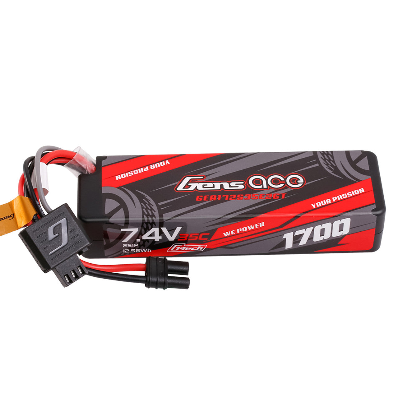 Gens Ace 1700mAh 2S 35C G-Tech hardcase LiPo battery with IEC2 plug, showing the battery's hard plastic case and connectors.