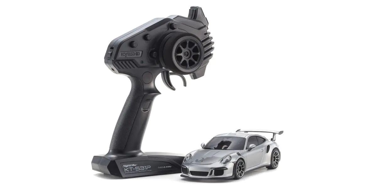 Kyosho Mini-Z MR-04 RWD Porsche 911 GT3 silver metallic RC car with detailed exterior and sleek design.