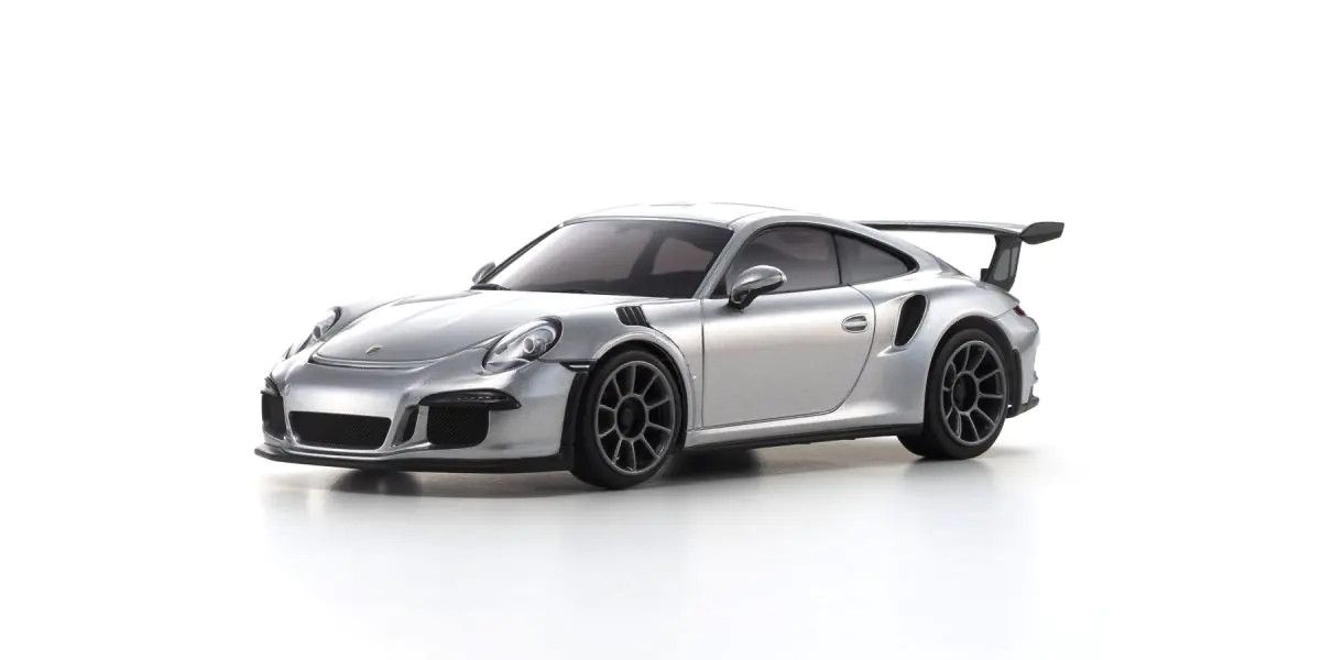 Kyosho Mini-Z MR-04 RWD Porsche 911 GT3 Silver Metallic RC car with detailed exterior and sleek design.