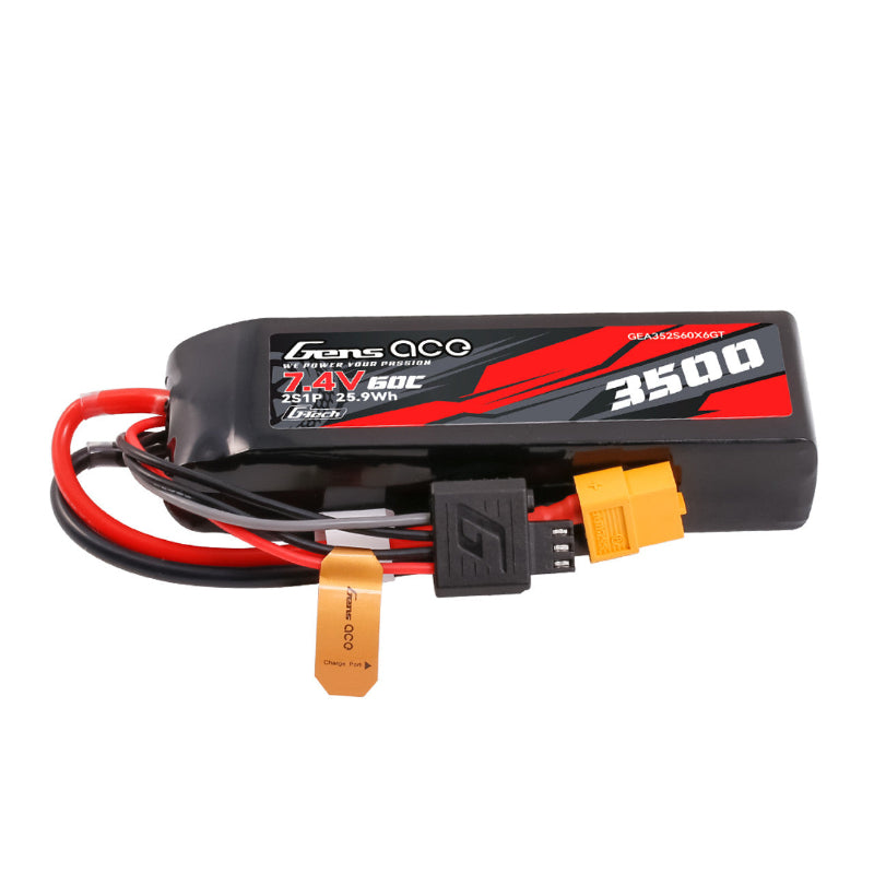 Gens Ace 3500mAh 2S 7.4V 60C Lipo battery with XT60 connector, showing the battery's label and connection terminals.