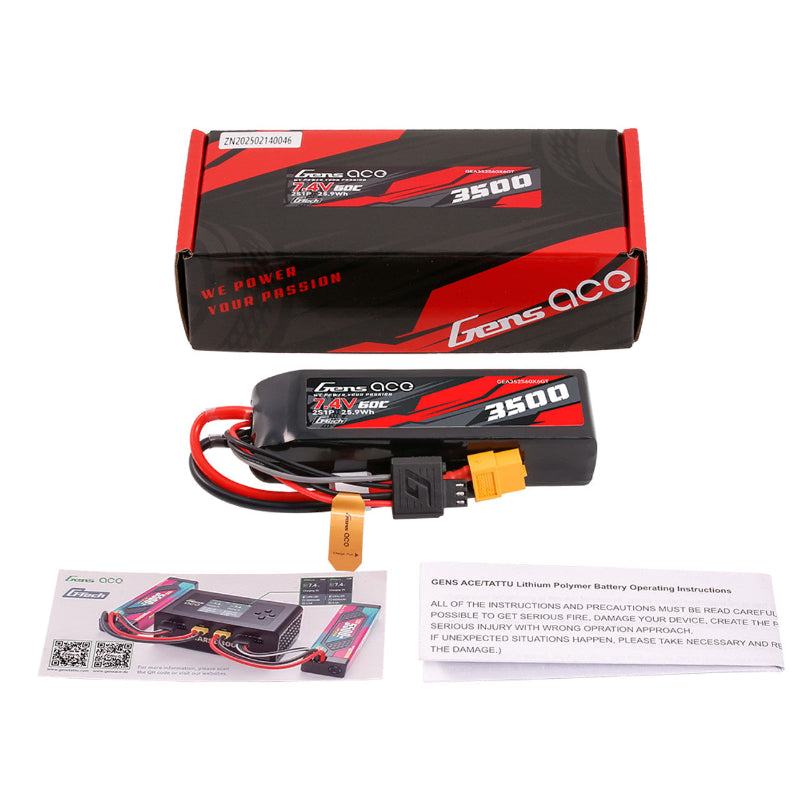 Gens Ace 3500mAh 2S 7.4V 60C LiPo battery with XT60 connector for RC models and drones, shown in the image.