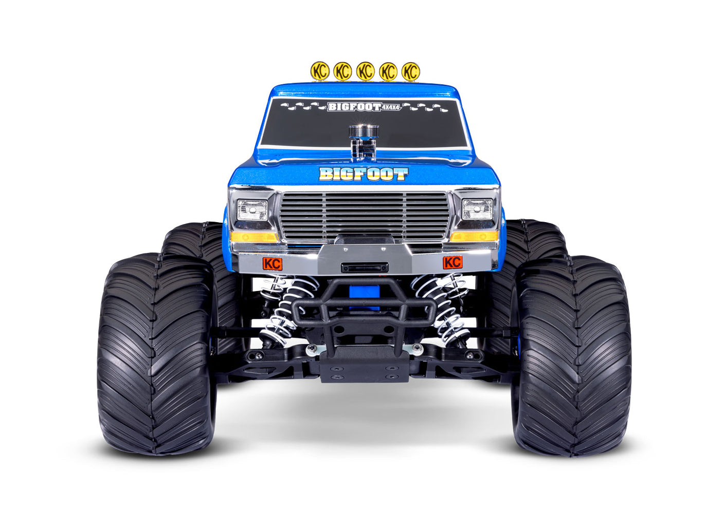 Traxxas Bigfoot No. 1 RC monster truck with XL-5 motor and battery, front view showing detailed body and large off-road tires.