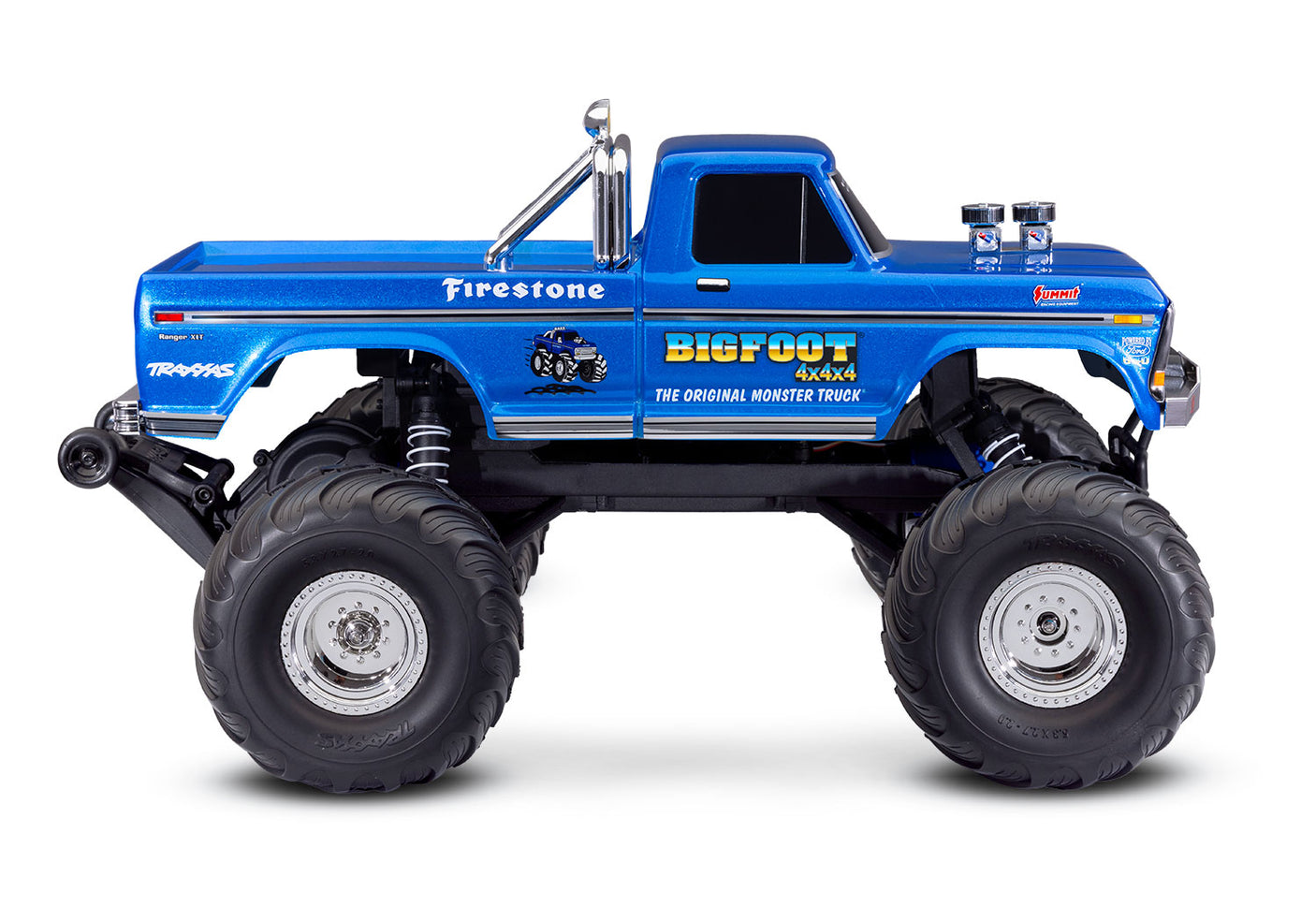 Traxxas Bigfoot No. 1 RC monster truck with XL-5 motor and battery, shown from side view.