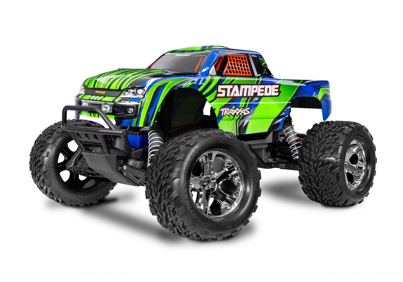Traxxas Stampede 2WD HD remote control monster truck in green, showing the front three-quarter view with large tires and detailed body.