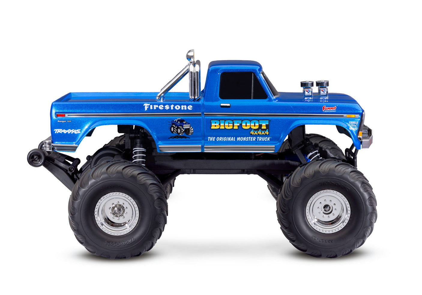 Traxxas Bigfoot BL-2s remote control monster truck shown from the side with rugged tires and detailed body in a natural setting