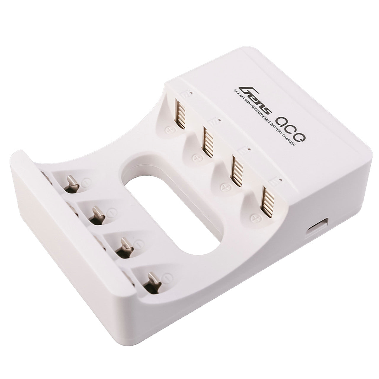 Gens Ace AA and AAA NiMH rechargeable battery charger with multiple slots for charging various sizes of batteries.