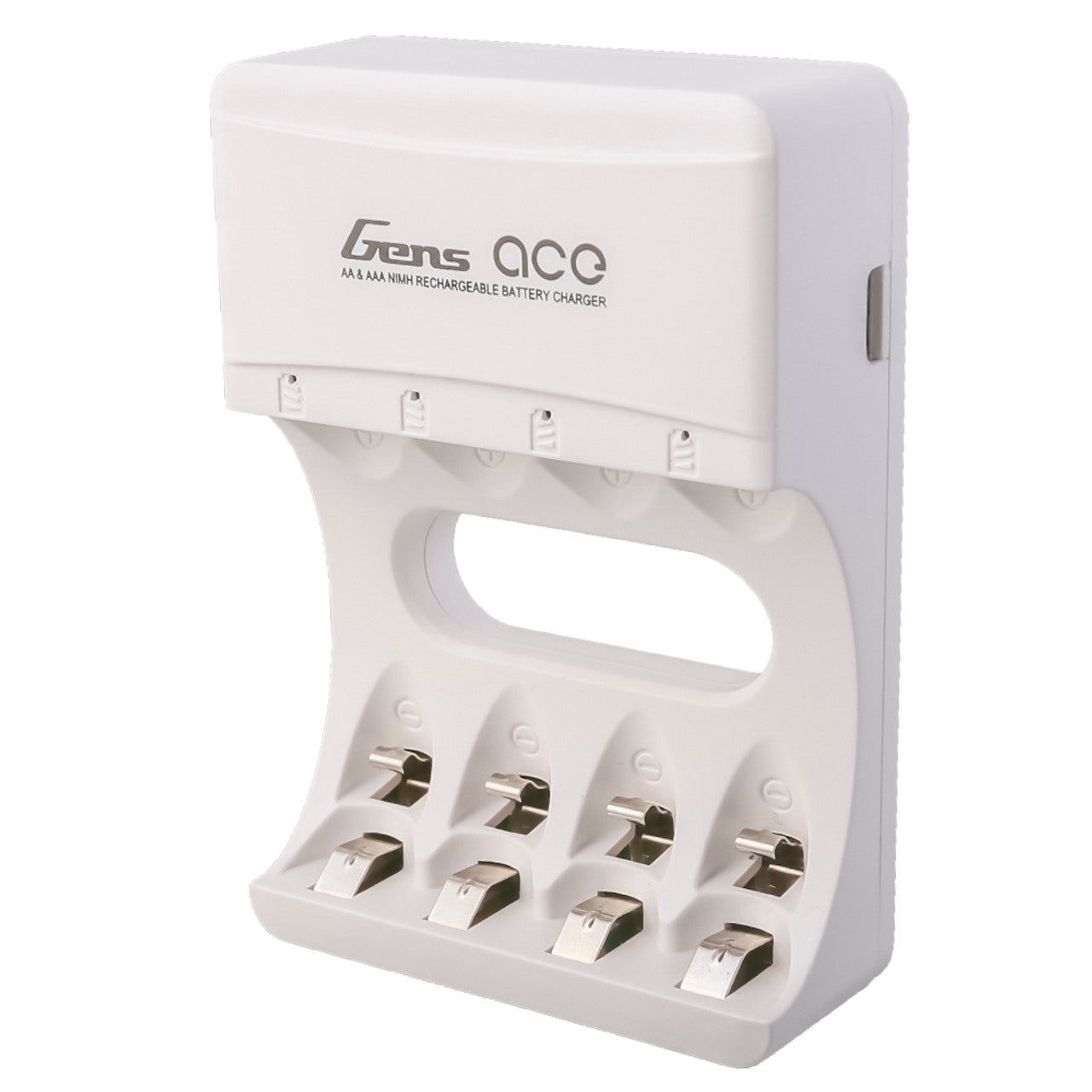 Gens Ace AA and AAA NiMH rechargeable battery charger with multiple charging slots shown in the image.