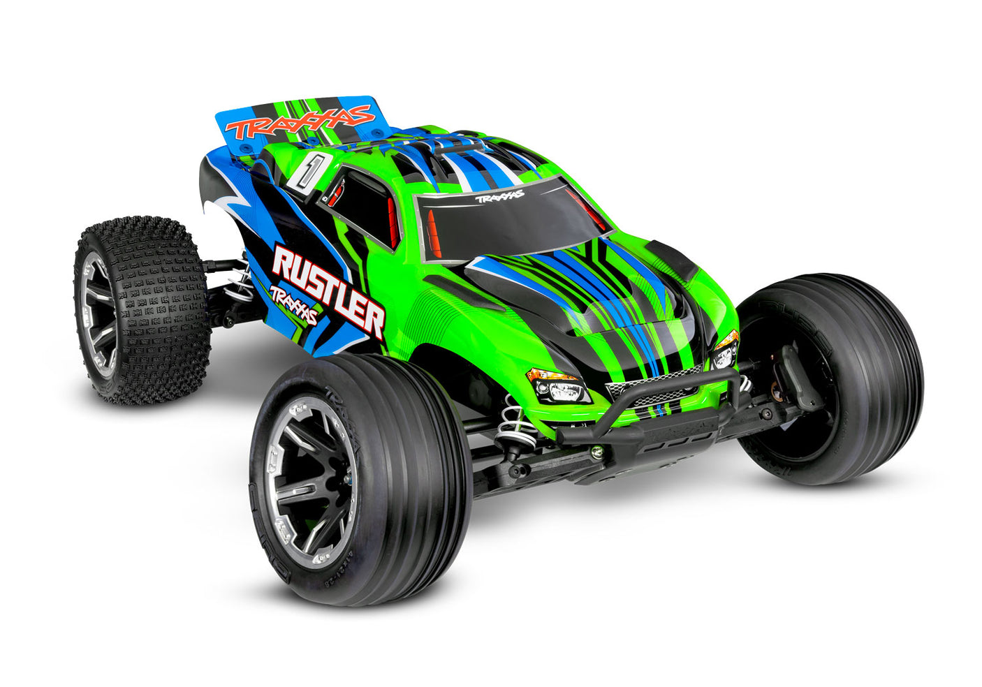 Traxxas Rustler 2WD HD remote control car with green body and front view, featuring USB-C charging port.