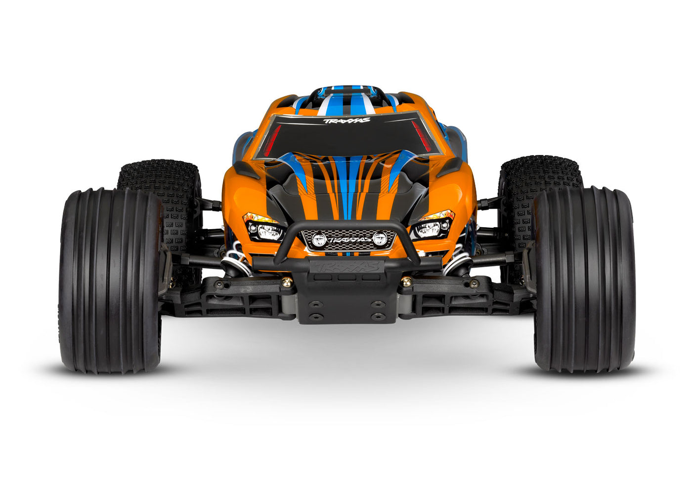 Traxxas Rustler 2WD HD RC truck with orange body and front view, featuring off-road tires and detailed chassis.