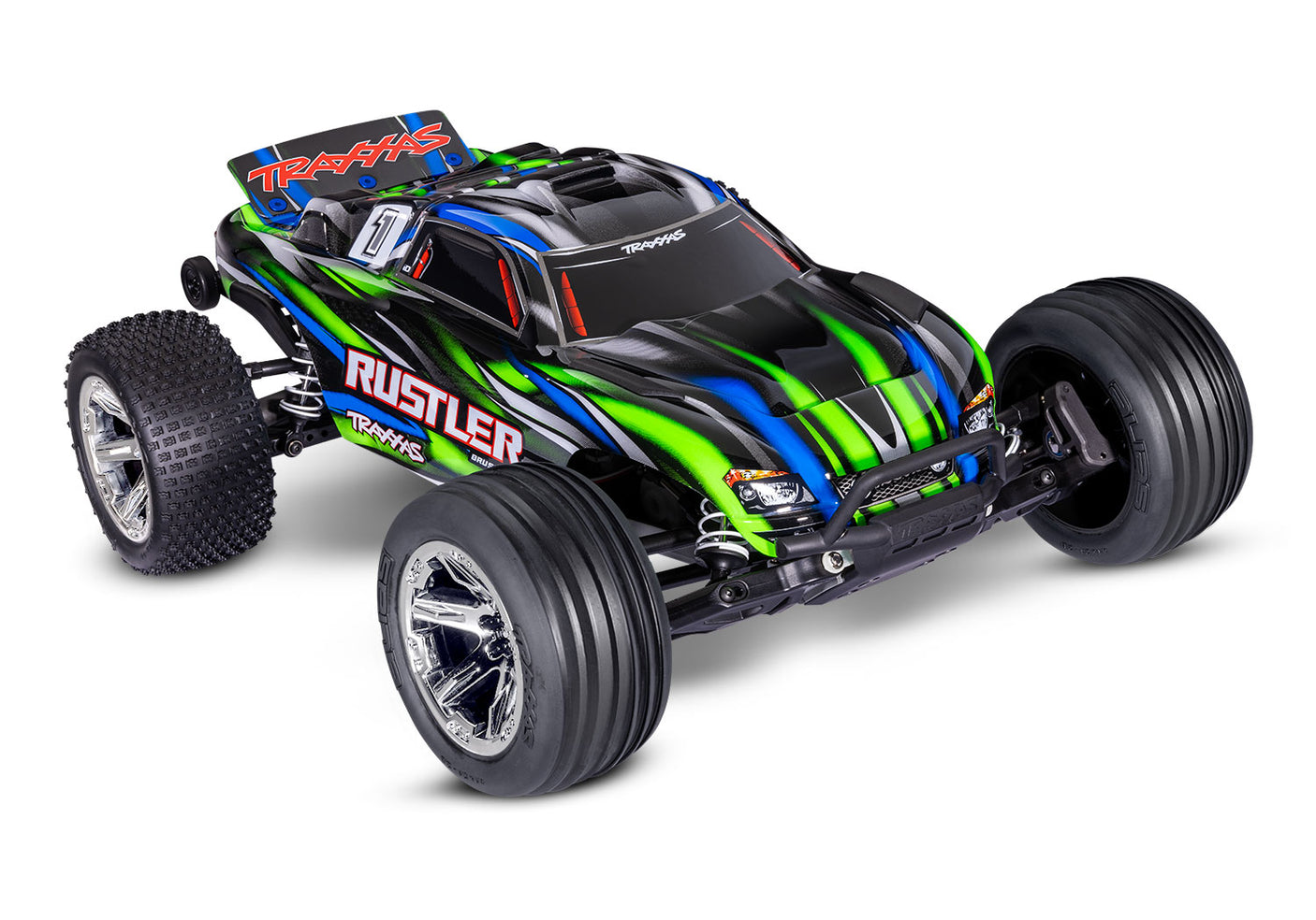 Traxxas Rustler 2WD BL-2s HD RC truck front view with green body, showcasing its rugged design and detailed exterior.