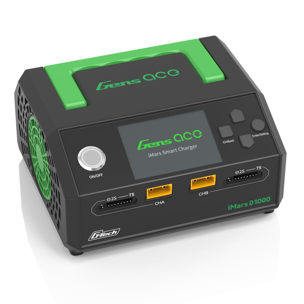 Gens Ace iMARS D1000 Smart Charger 1000W dual channel for RC car batteries, shown with charger connected to RC car batteries.
