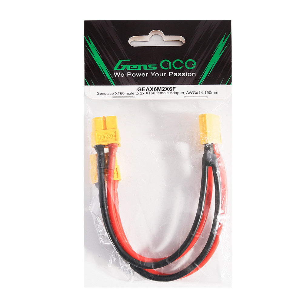 Gens Ace XT60 male to 2x XT60 female adapter with AWG#14 wires, 150mm length, for RC and drone power connections