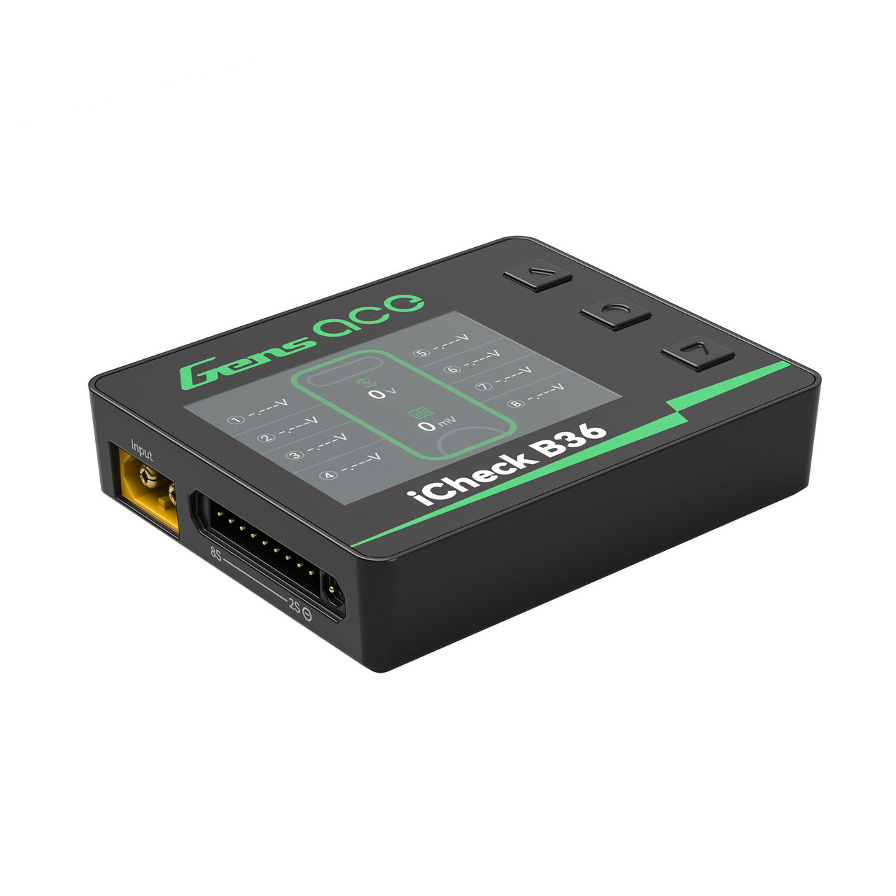 Gens Ace iCheck B36 smart RC battery checker displaying digital readout and battery status on a handheld device.