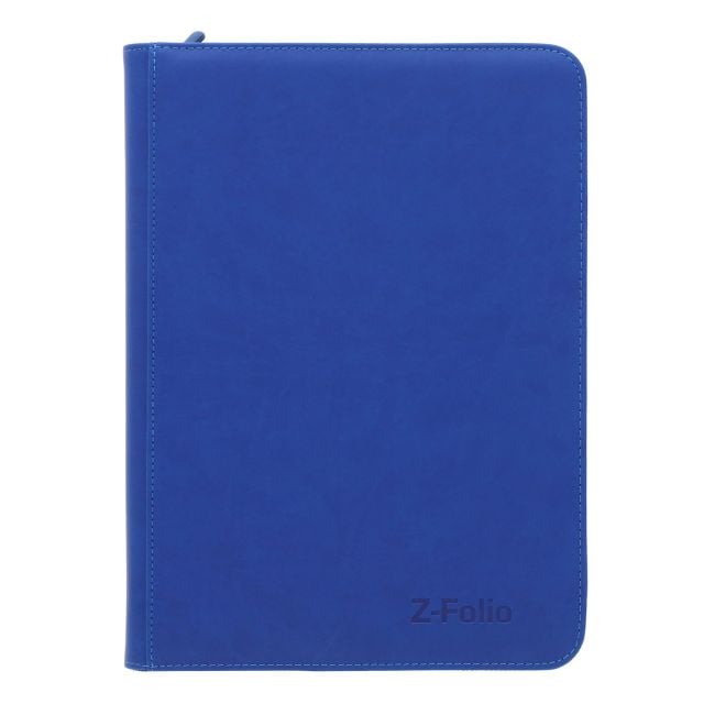 BCW Z-Folio 9-pocket album open showing clear pages with collectible card inserts and the black cover exterior.