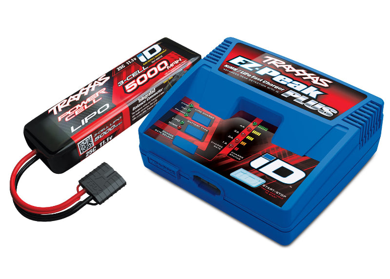 Traxxas 3S LiPo battery pack with EZ-Peak charger for RC vehicles, showing the battery and charging unit.