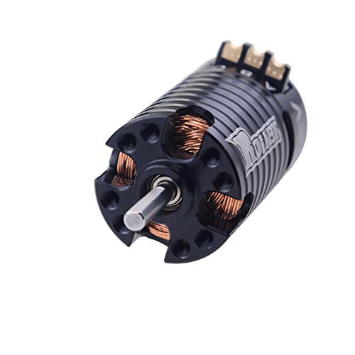 Surpass Hobby Rocket-RC Mini 1410 2500KV brushless motor for RC cars, shown in close-up with metal components and wiring.