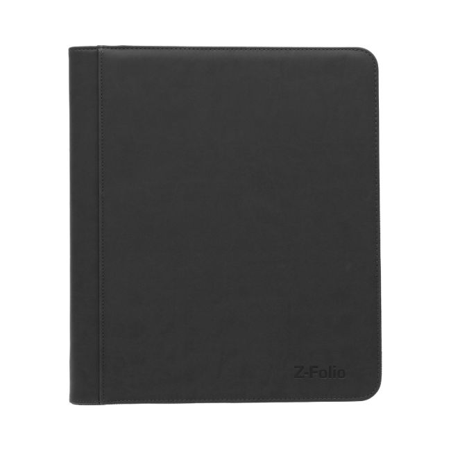 BCW Z-Folio 9-Pocket LX Toploaders binder with transparent plastic pages holding trading cards inside.