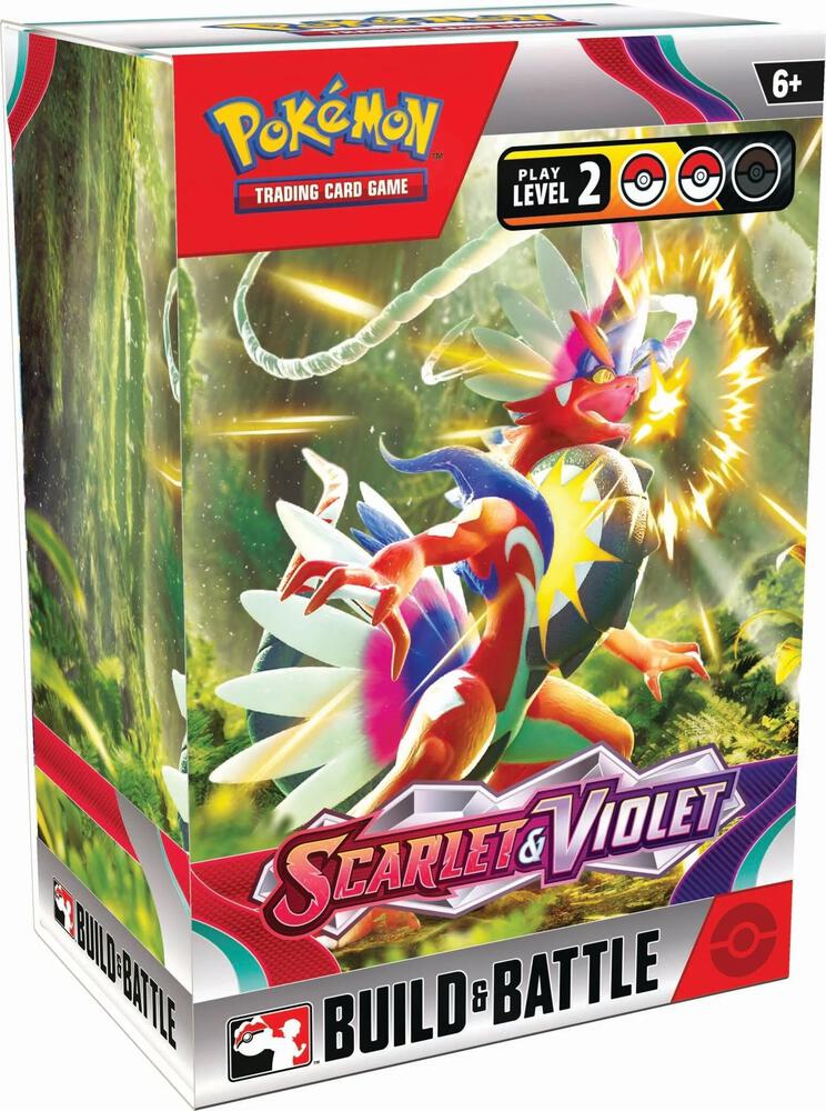 Pokemon Scarlet & Violet Build & Battle Box with booster packs, cards, and accessories for trading card game collectors.
