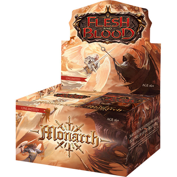 Flesh and Blood Monarch Unlimited Booster Box of collectible trading cards by Legends Story Studios, opened to reveal booster packs inside.