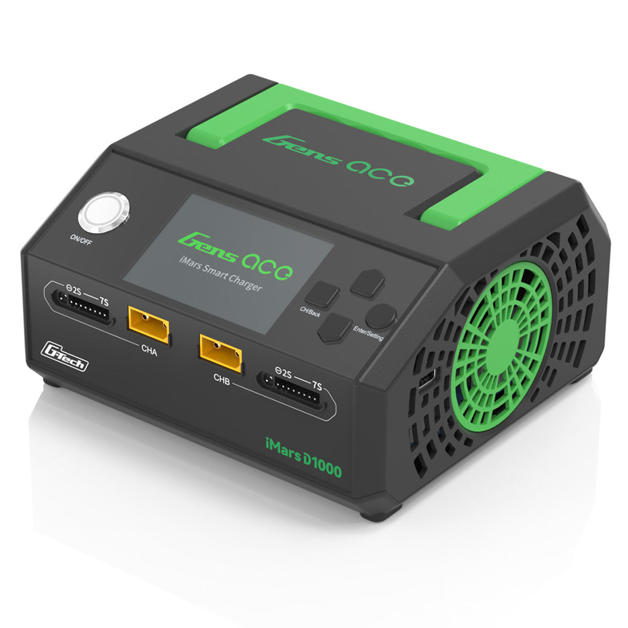 Gens Ace iMARS D1000 1000W dual channel smart RC car charger with digital display and multiple charging ports.