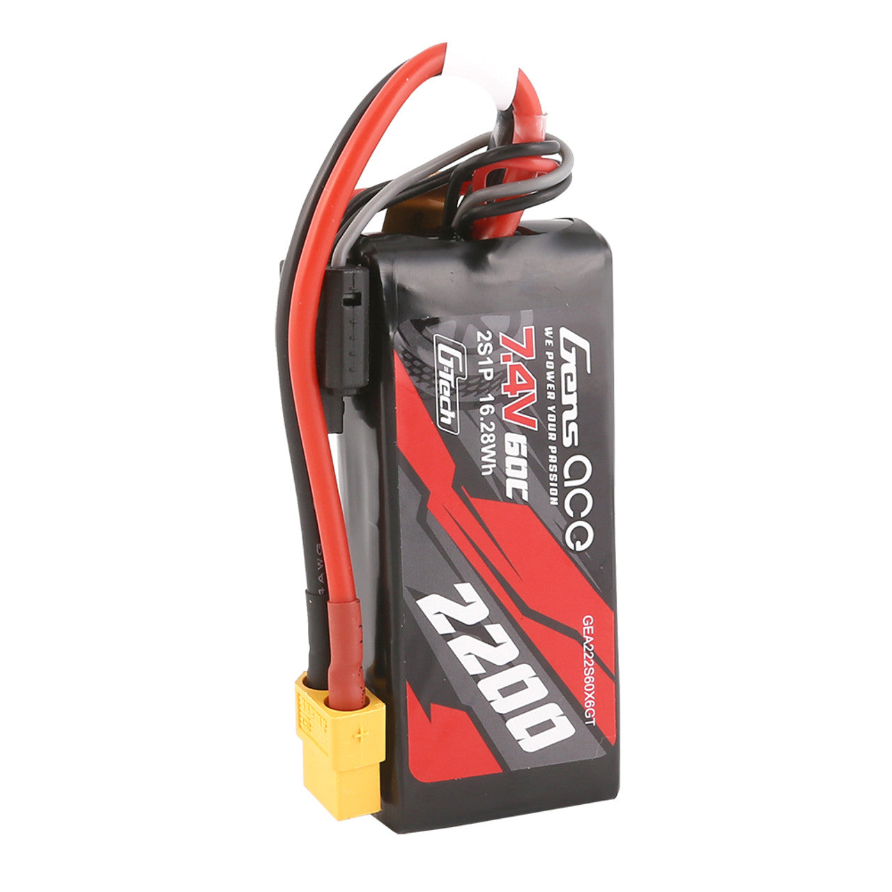 Gens Ace G-Tech 2200mAh 7.4V 60C RC car Lipo battery with XT60 connector, compact and lightweight for high performance.