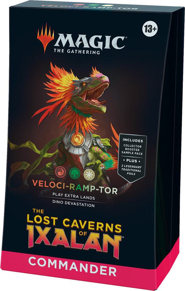 MTG The Lost Caverns of Ixalan Commander Decks by Wizards of the Coast, featuring colorful cards and game components on a playmat.