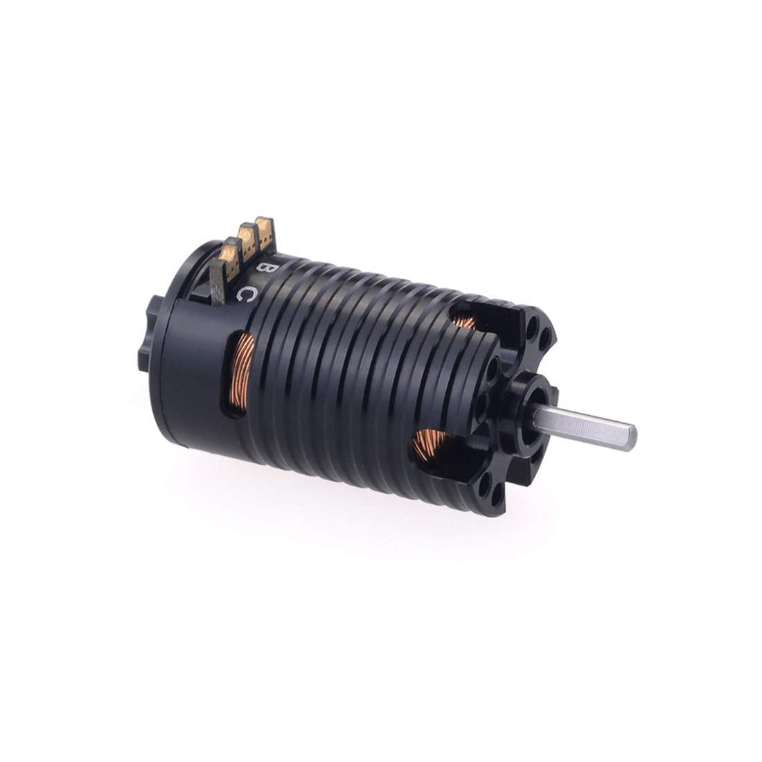 Surpass Hobby Rocket-RC Mini 1410 2500KV brushless motor for RC cars, shown with cooling fins and wiring connections.