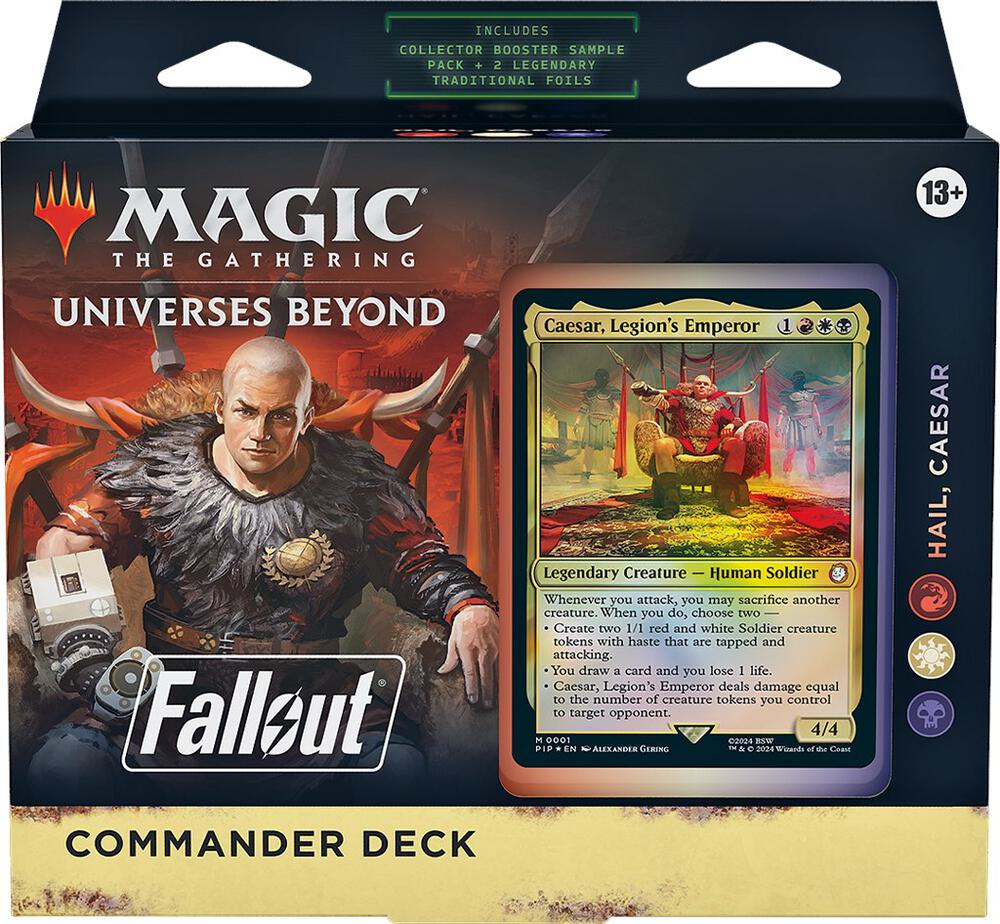 MTG Fallout Commander Deck by Wizards of the Coast featuring trading cards, artwork, and game components on a white background.