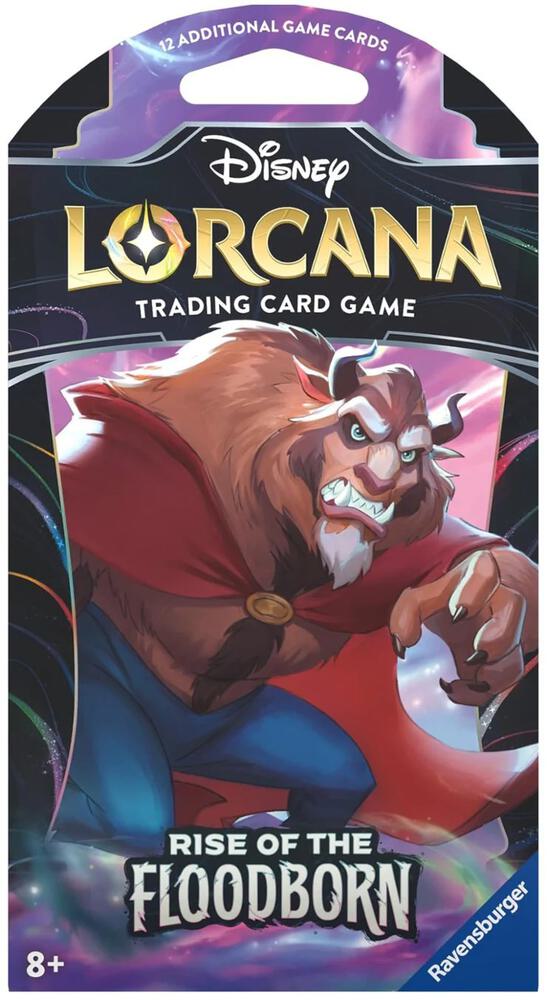 Lorcana TCG Rise of the Floodborn Sleeved Booster pack with colorful card illustrations and protective sleeve design.