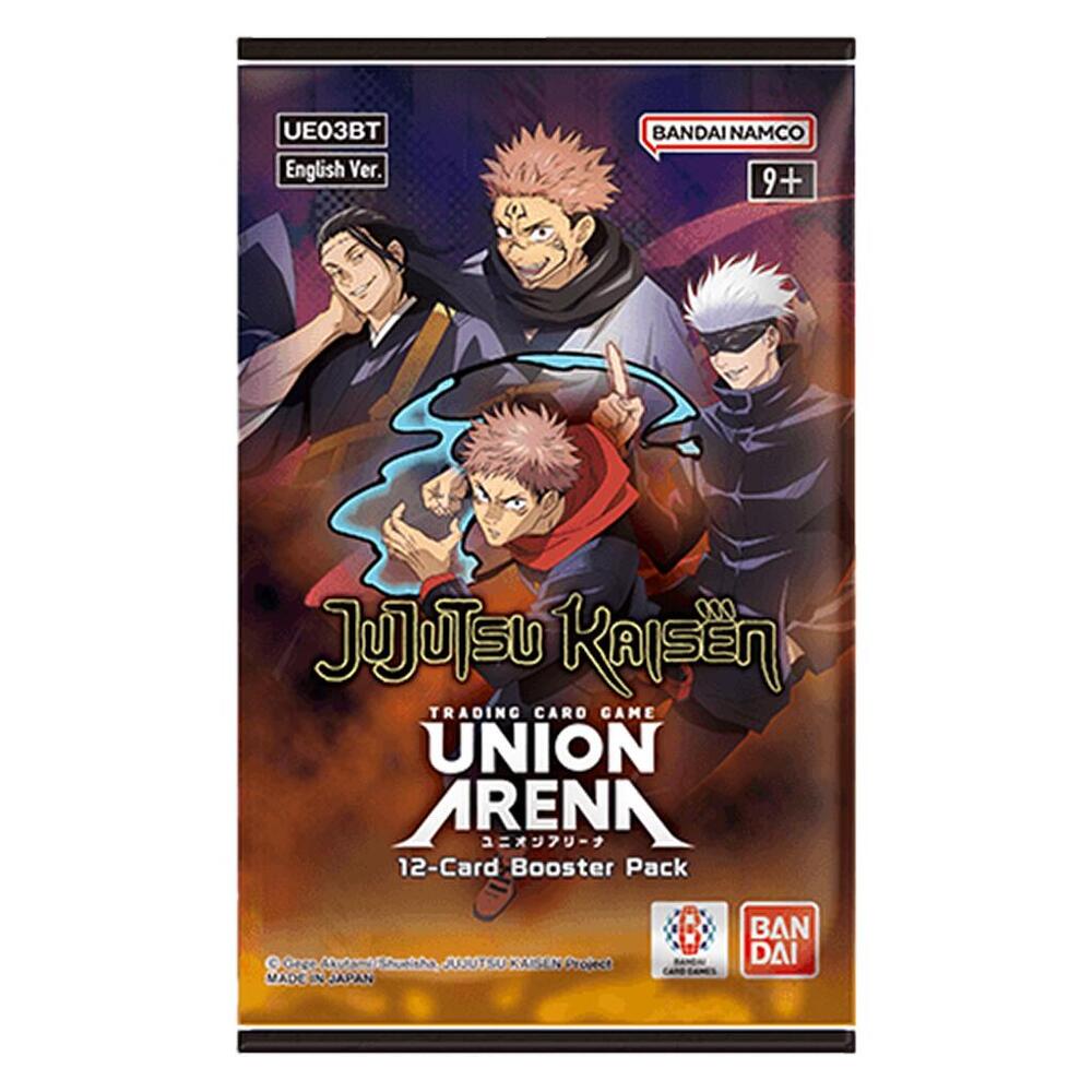 Union Arena Jujutsu Kaisen booster pack featuring colorful anime-themed trading cards with characters from the series.