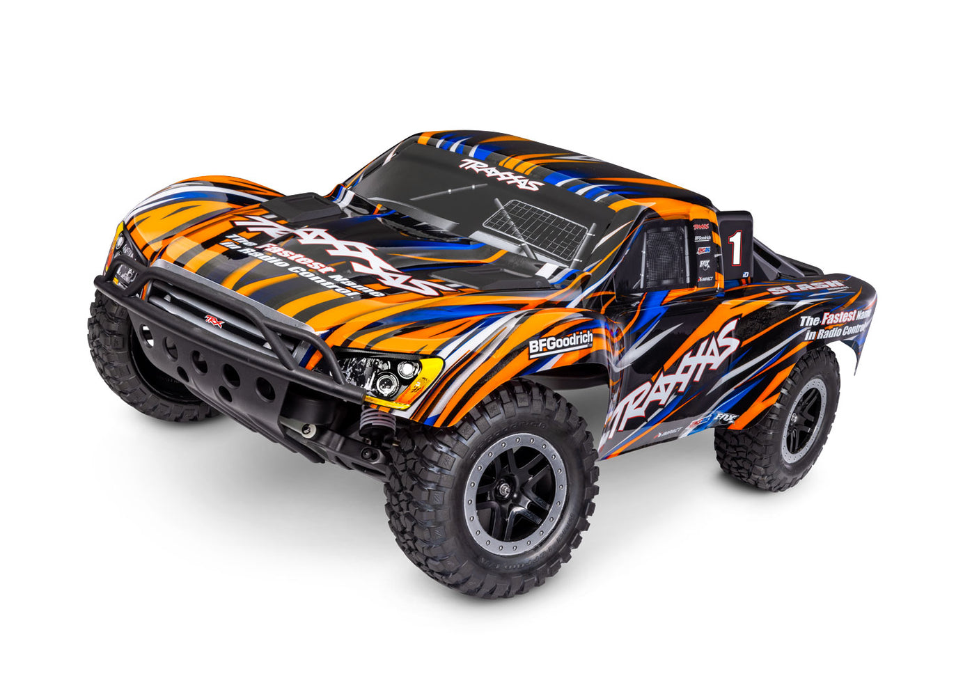 Traxxas Slash 2WD BL-2s remote control truck with orange body, front view showing sporty design and off-road tires.