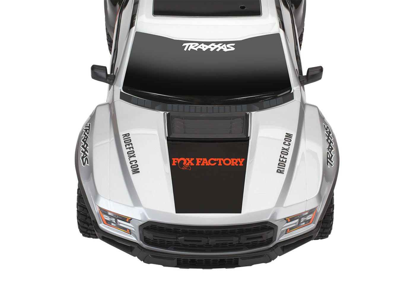 Traxxas Ford Raptor 2WD BL-2s remote control truck with front overhead view, featuring detailed Raptor Fox Edition design.