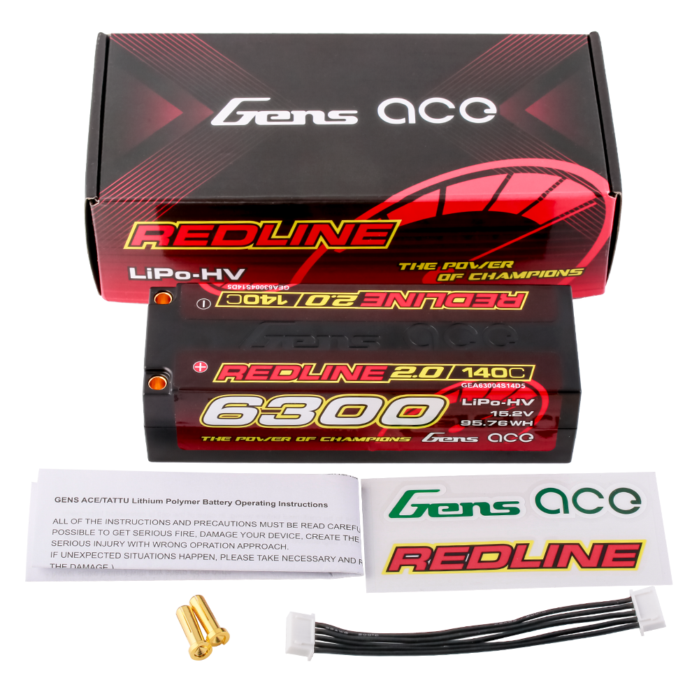 Gens Ace 6300mAh 4S 140C hard case LiPo battery with 5.0mm bullet connectors, redline 2.0 series for RC vehicles.