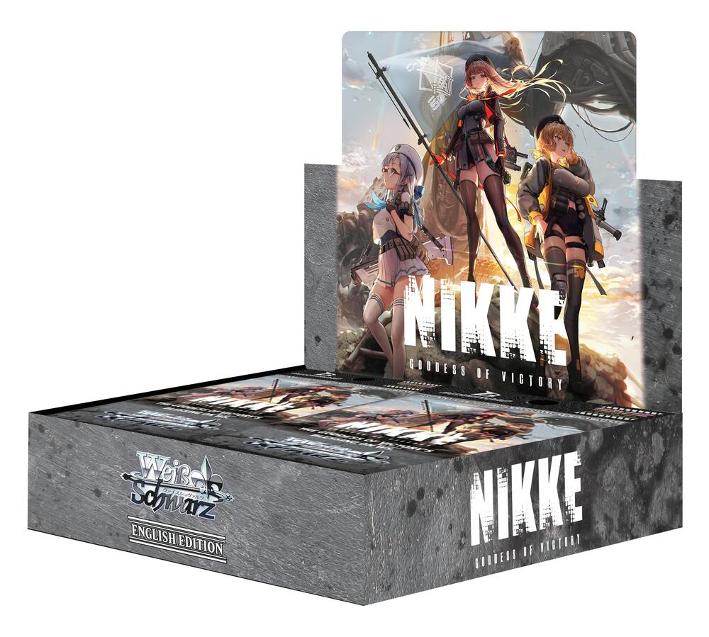 Weiss Schwarz Nikke Goddess of Victory booster box featuring colorful anime-style artwork and card illustrations.