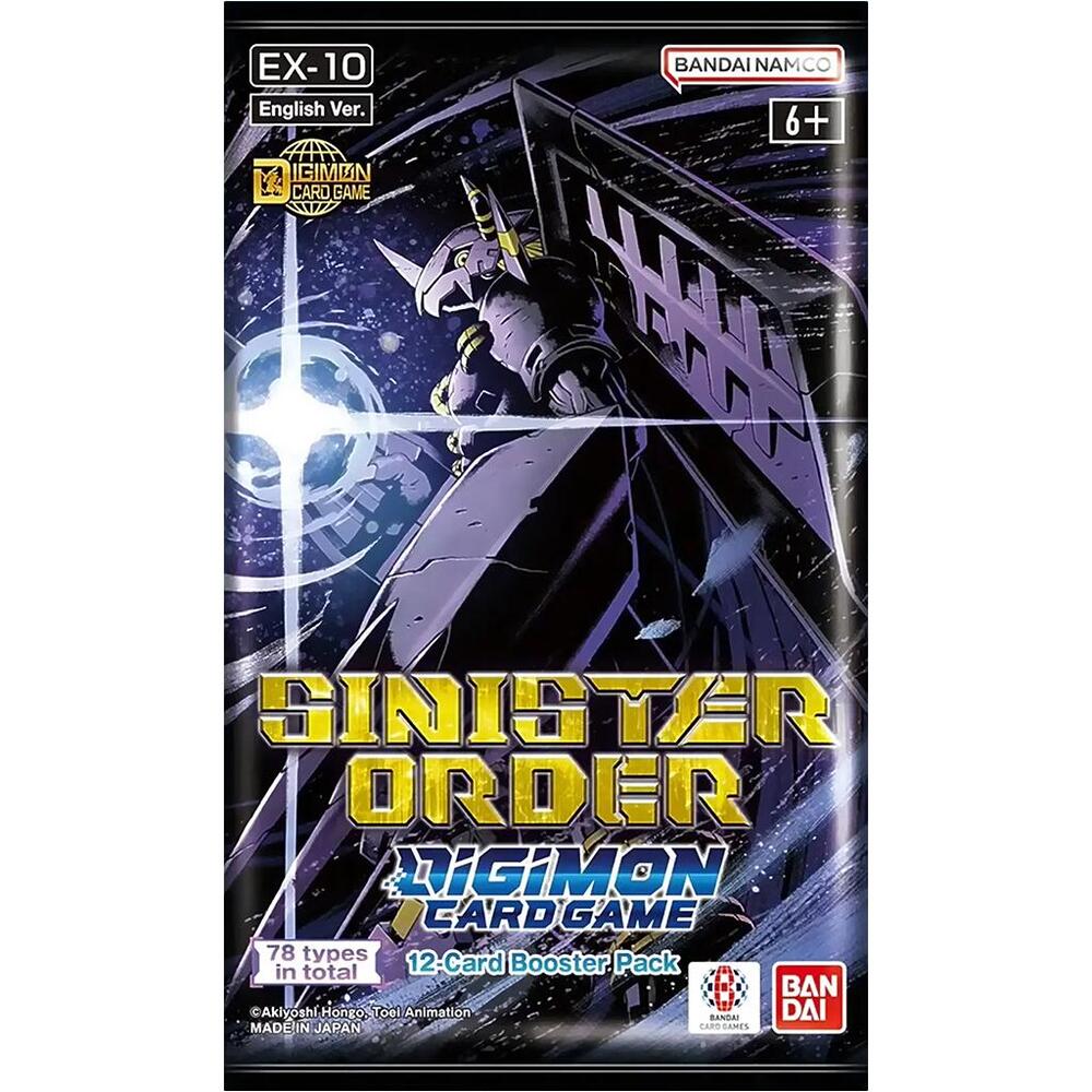 Bandai Digimon Sinister Order Booster Pack EX-10 with colorful cards, featuring Digimon characters in vibrant artwork.