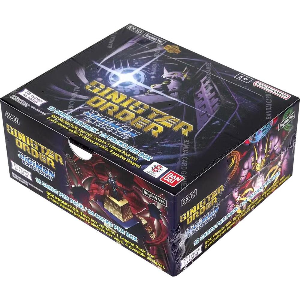 Bandai Digimon Sinister Order Booster Box (EX-10) with colorful trading card packaging and artwork on the front.