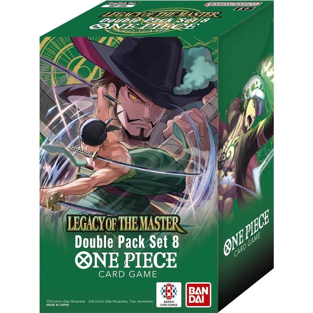 Bandai One Piece TCG: Legacy of the Master Double Pack Set collectible trading cards featuring colorful character illustrations.