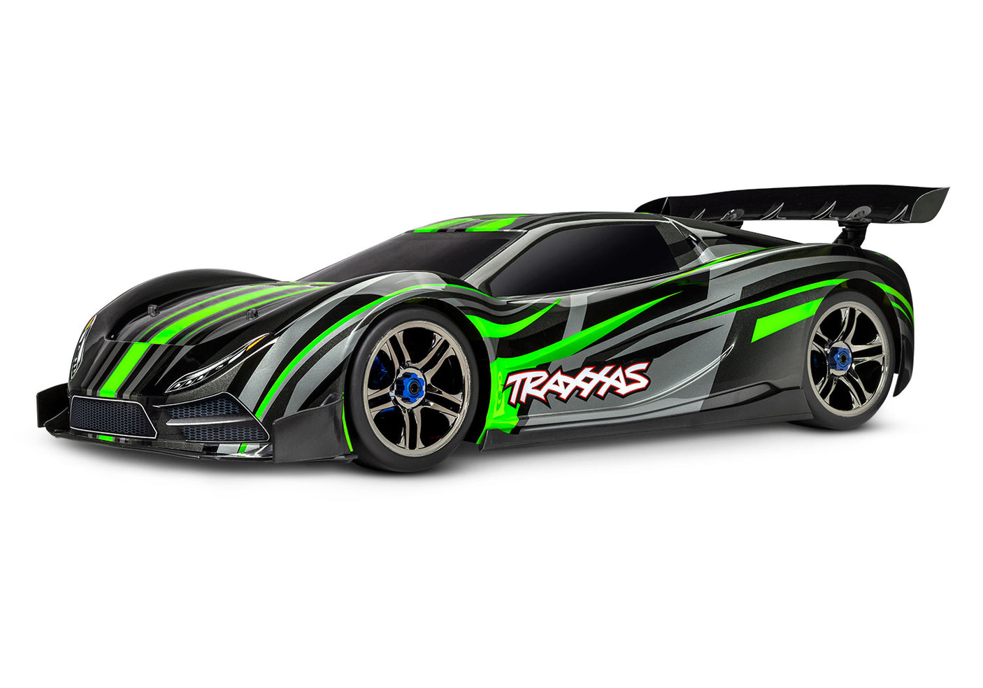 Traxxas XO-1 AWD supercar remote control car with green body, front-left view, detailed design and sleek aerodynamic features.