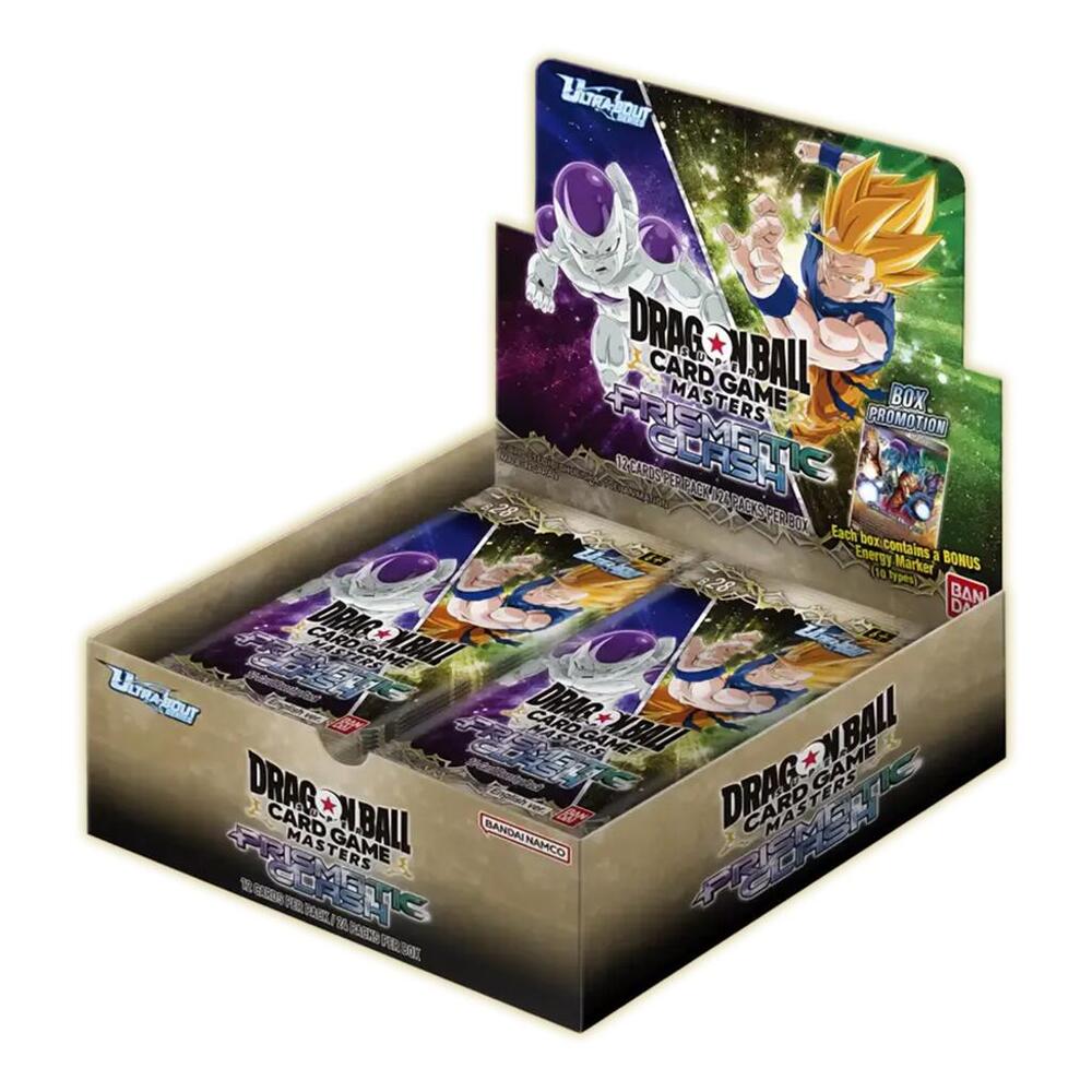 Bandai Dragon Ball Masters Prismatic Clash Booster Box with colorful packaging and multiple booster packs inside.