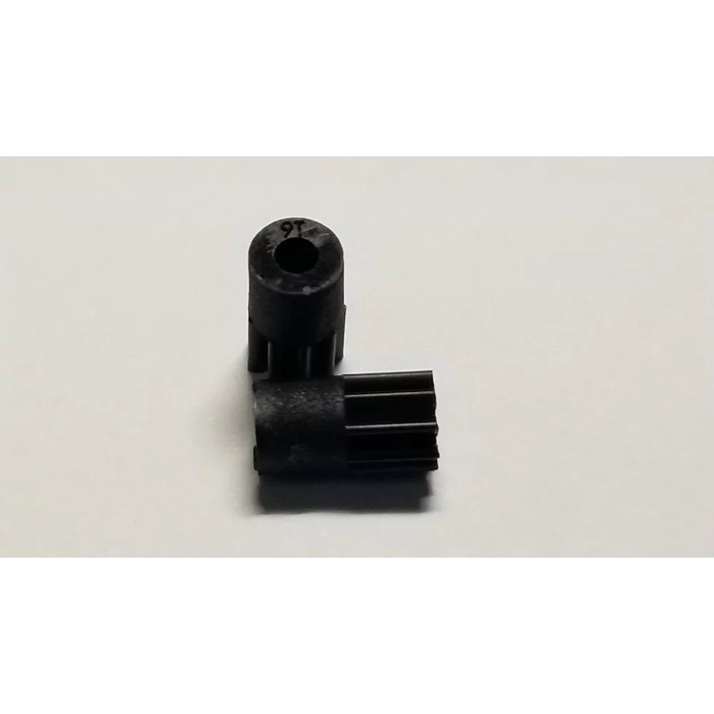 Pair of GL Racing 64P longlife 09T pinion gears for RC cars, showing shiny metal teeth and durable construction.