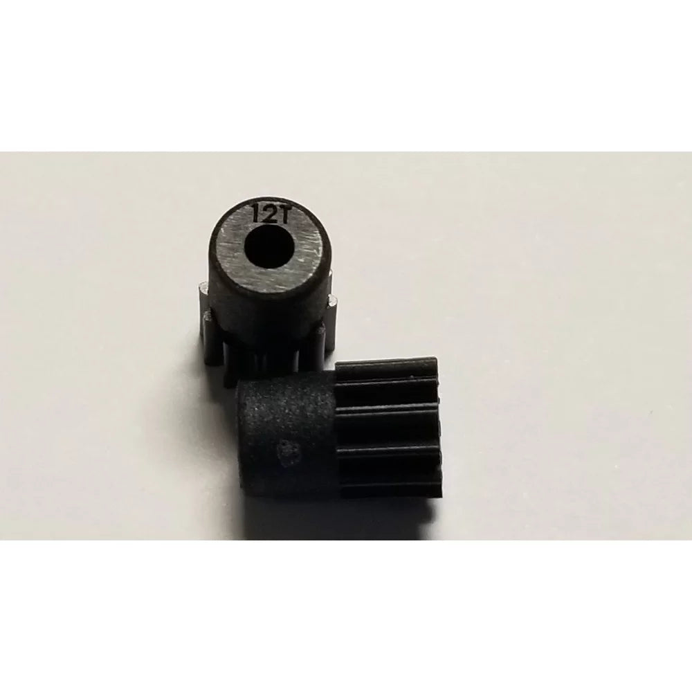Pair of GL Racing 64P Longlife 12T pinion gears for RC cars, durable metal construction, shown side by side on a neutral background.