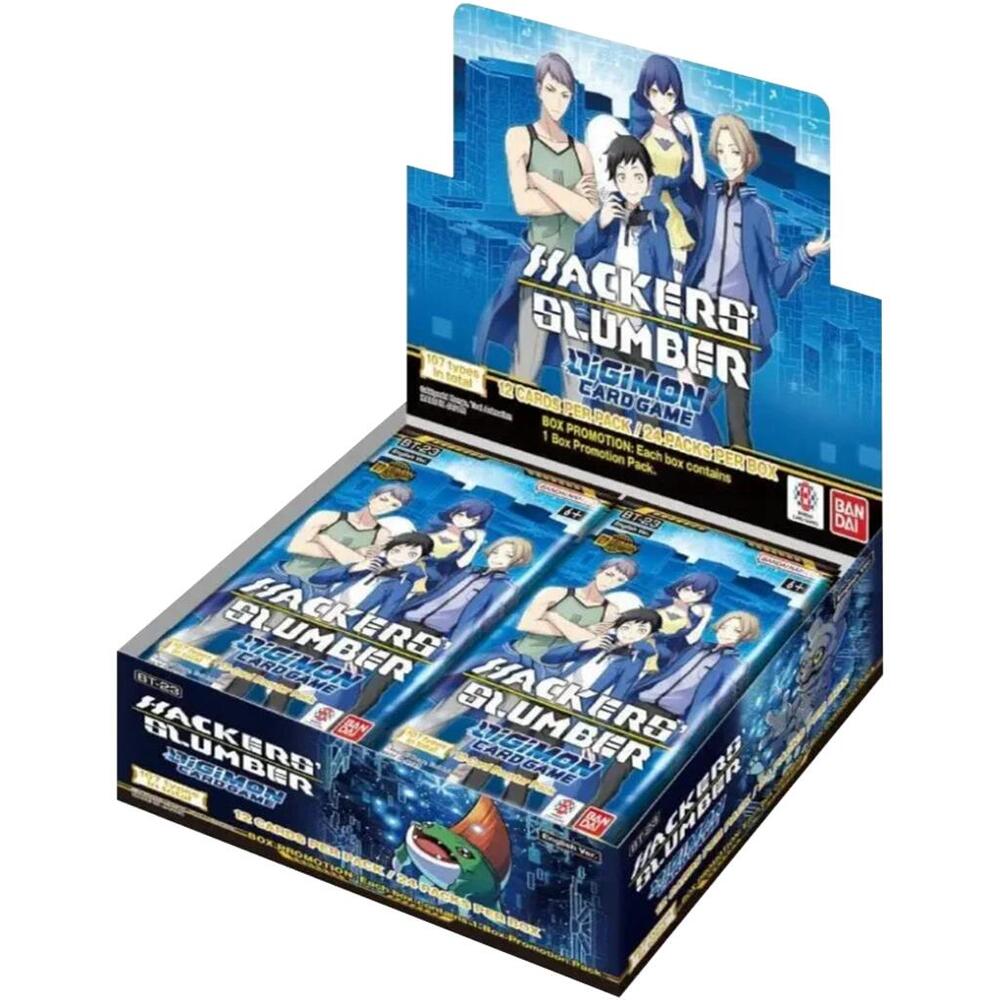 Bandai Digimon Card Game Hackers' Slumber Booster Box with colorful booster packs and trading cards displayed.