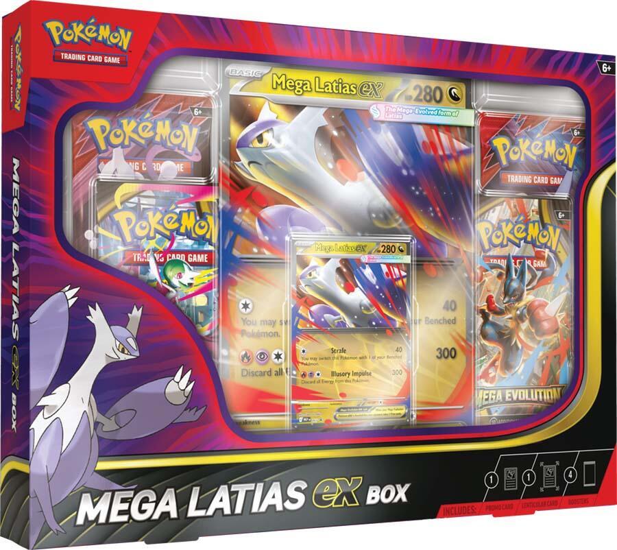 Pokemon TCG Mega Latias ex Box featuring vibrant artwork of Mega Latias ex card and packaging, ideal for collectors and players.