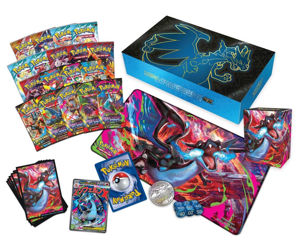 Pokemon Mega Charizard X ex Ultra Premium Collection box with Pokemon Trading Card Game cards and collectibles.