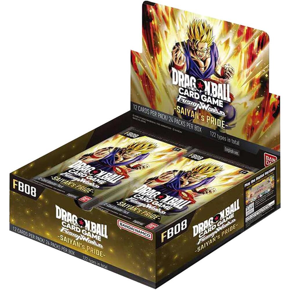 Bandai Dragon Ball Fusion World Saiyan's Pride Booster Box with colorful packaging and collectible trading cards inside.
