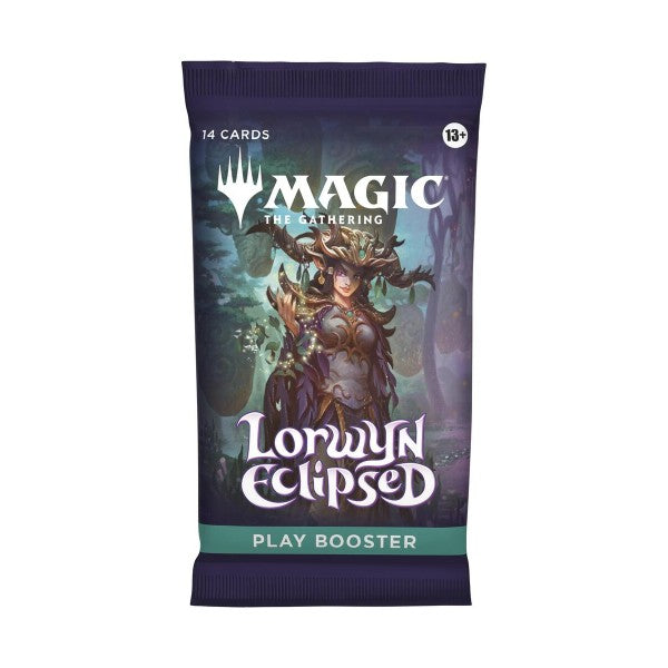 MTG Lorwyn Eclipsed Play Booster Pack by Wizards of the Coast showing colorful booster pack with fantasy-themed artwork.
